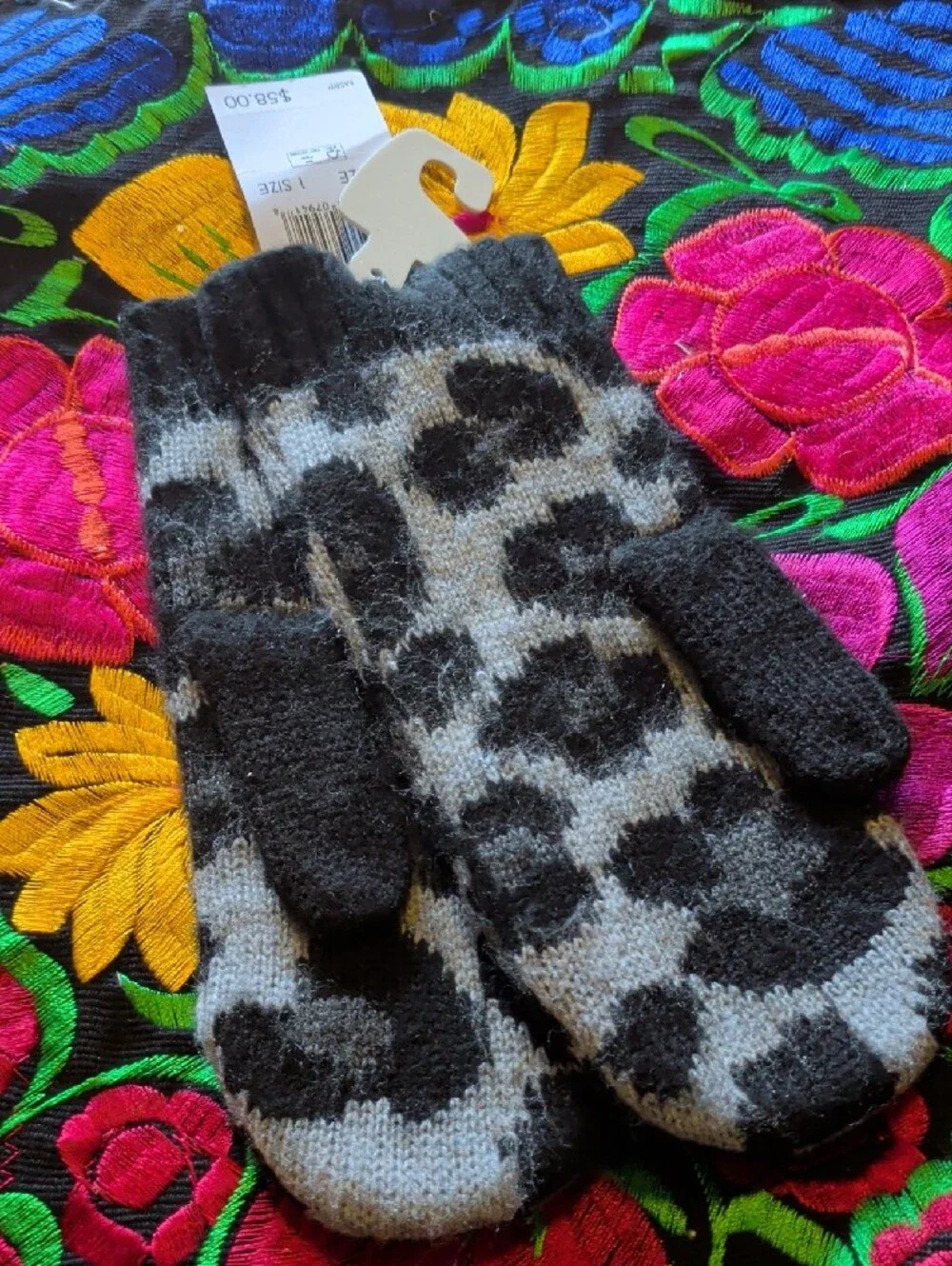 Michael Kors Black and Gray Leopard Knit Mittens with Gold MK Accent